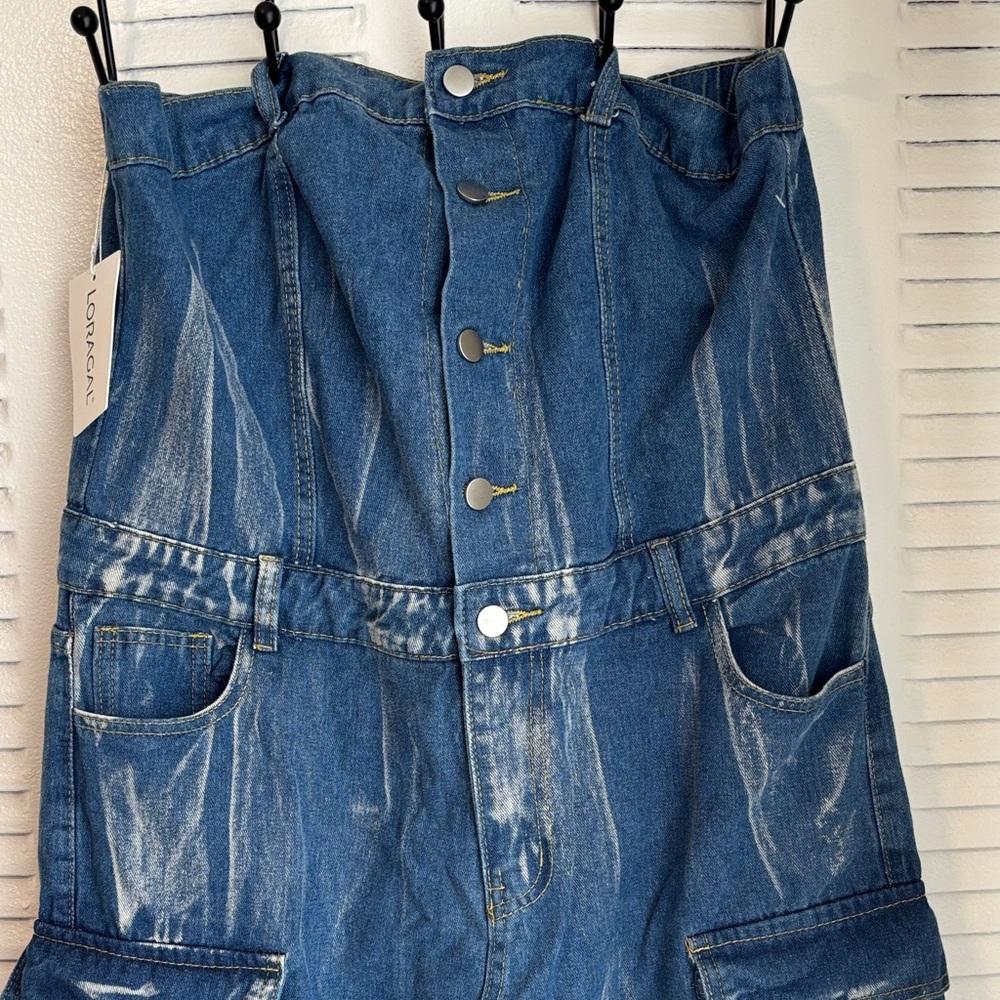 Loragal Denim Cargo Jumpsuit Strapless Wide Leg Y2K Utility NWT - Picture 3 of 16